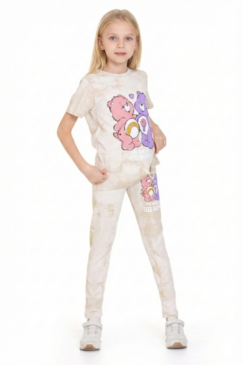 Kız Çocuk Ayıcık Baskılı Batik Desenli Alt-Üst Takım 3-10 Yaş 12546