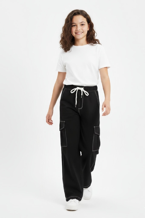 Kız Çocuk Beli Lastikli Ve Kordonlu-Kargo Cepli Jean Pantolon 12-16 Yaş 12524