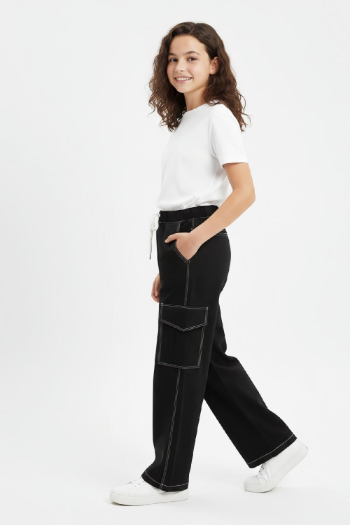 Kız Çocuk Beli Lastikli Ve Kordonlu-Kargo Cepli Jean Pantolon 12-16 Yaş 12524