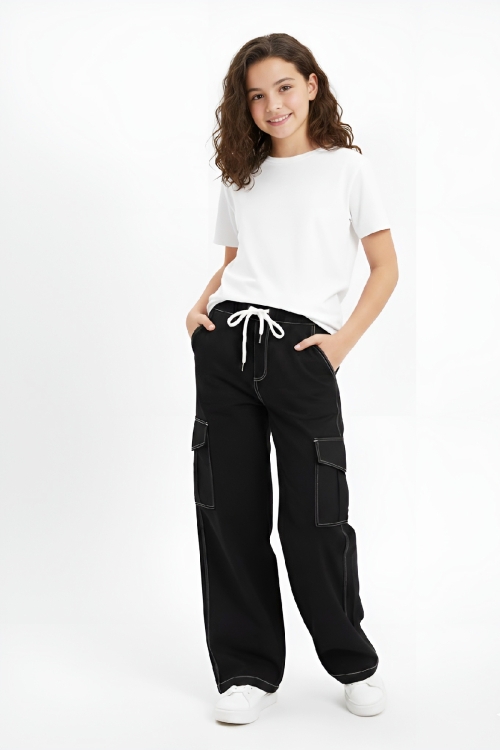 Kız Çocuk Beli Lastikli Ve Kordonlu-Kargo Cepli Jean Pantolon 12-16 Yaş 12524