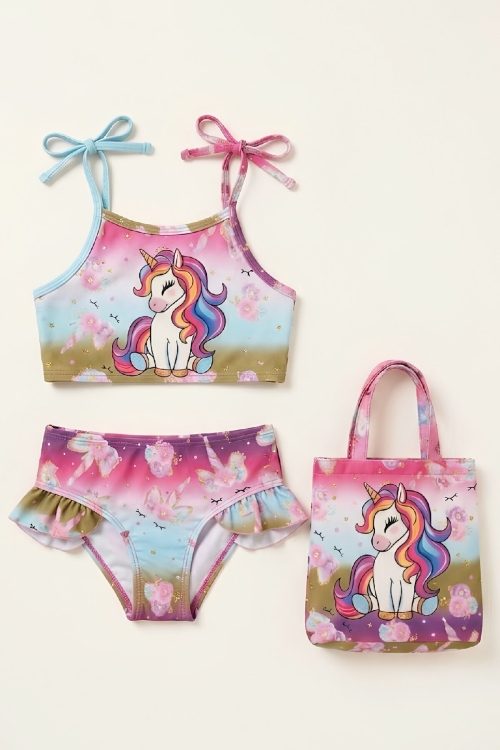 Kız Çocuk Çantalı 3lü Mayo Takımı (Çanta+Mayo+Bikini) 3-10 Yaş 12649N