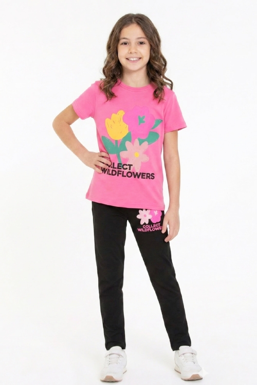 Kız Çocuk Çiçek Baskılı-Taytlı Alt-Üst Takım 3-10 Yaş 12550