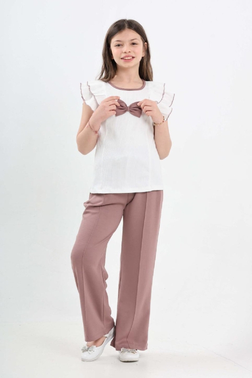 Kız Çocuk Çift Omuz Fırfırlı ve Fiyonklu Alt -Üst Takım 7-12 Yaş 12571