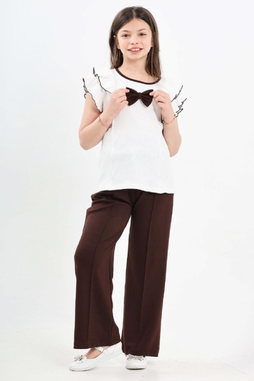 Kız Çocuk Çift Omuz Fırfırlı ve Fiyonklu Alt -Üst Takım 7-12 Yaş 12571