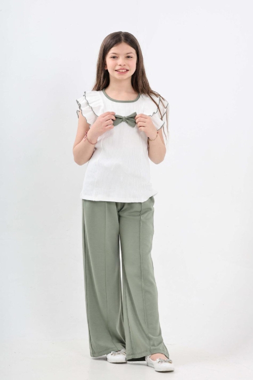 Kız Çocuk Çift Omuz Fırfırlı ve Fiyonklu Alt -Üst Takım 7-12 Yaş 12571