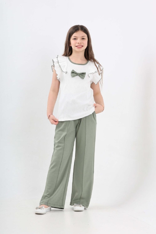 Kız Çocuk Çift Omuz Fırfırlı ve Fiyonklu Alt -Üst Takım 7-12 Yaş 12571