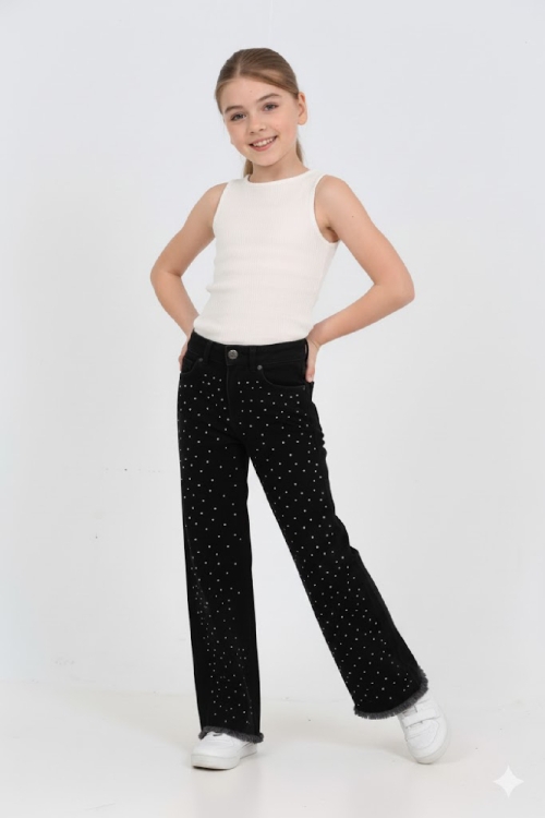 Kız Çocuk Destroy Paçalı-Geniş Kesim Jean Pantolon 5-15 Yaş 12488