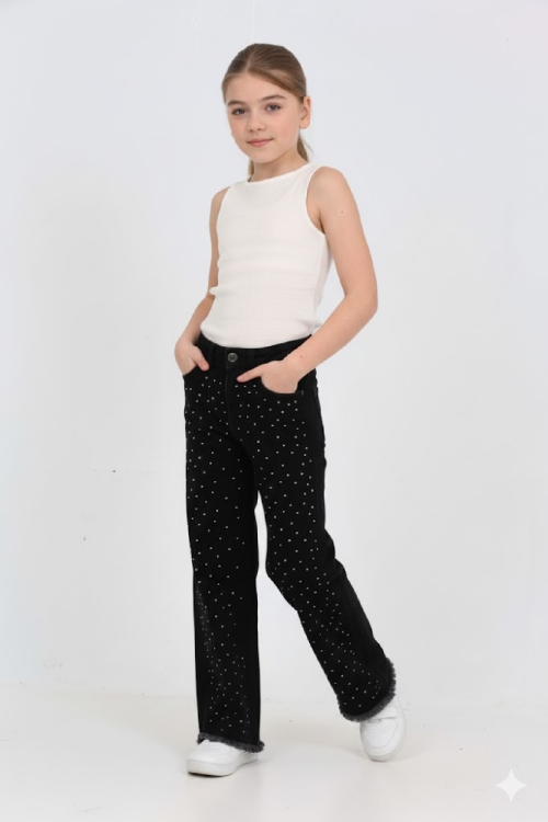 Kız Çocuk Destroy Paçalı-Geniş Kesim Jean Pantolon 5-15 Yaş 12488