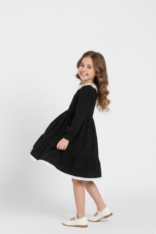 Kız Çocuk Elbise -Bürümcük Kumaş-Yaka ve Etek Uçları Nakış Detaylı 4-9 Yaş 12516