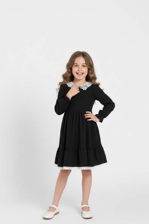 Kız Çocuk Elbise -Bürümcük Kumaş-Yaka ve Etek Uçları Nakış Detaylı 4-9 Yaş 12516
