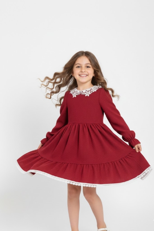 Kız Çocuk Elbise -Bürümcük Kumaş-Yaka ve Etek Uçları Nakış Detaylı 4-9 Yaş 12516