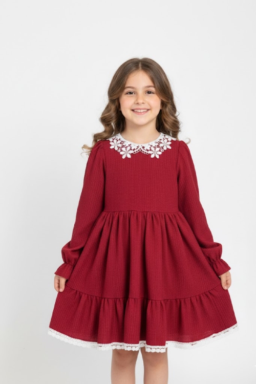 Kız Çocuk Elbise -Bürümcük Kumaş-Yaka ve Etek Uçları Nakış Detaylı 4-9 Yaş 12516