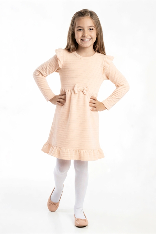 Kız Çocuk Elbise -Fırfır Omuzlu-Fiyonk Detaylı 2-10 Yaş 12531