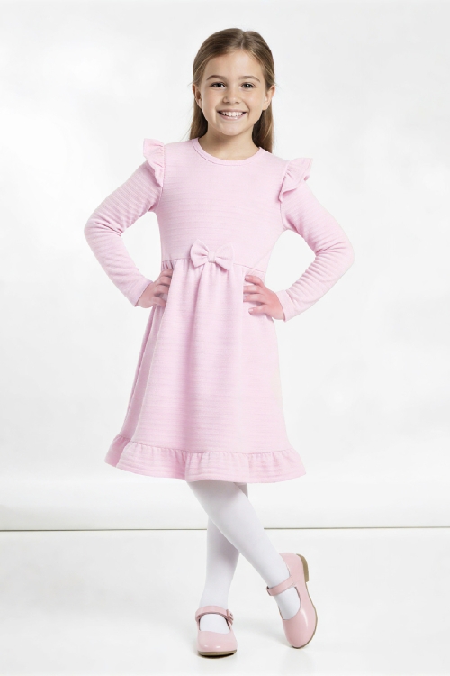 Kız Çocuk Elbise -Fırfır Omuzlu-Fiyonk Detaylı 2-10 Yaş 12531