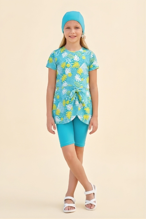 Kız Çocuk Elbise Mayo 3lü Takım (Elbise Mayo+Şort+Bone) 8-16 Yaş 12619B