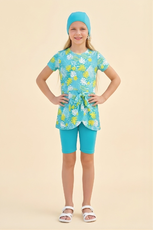 Kız Çocuk Elbise Mayo 3lü Takım (Elbise Mayo+Şort+Bone) 8-16 Yaş 12619B