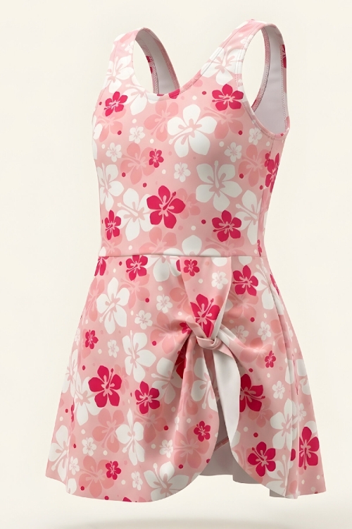 Kız Çocuk Elbise Mayo-Etek Büzgülü ve Çiçek Desenli 2-12 Yaş 12618B