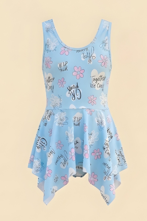 Kız Çocuk Elbise Mayo-İç Mayolu-Asimetrik Etek Uçlu- Baskılı 3-12 Yaş 12610