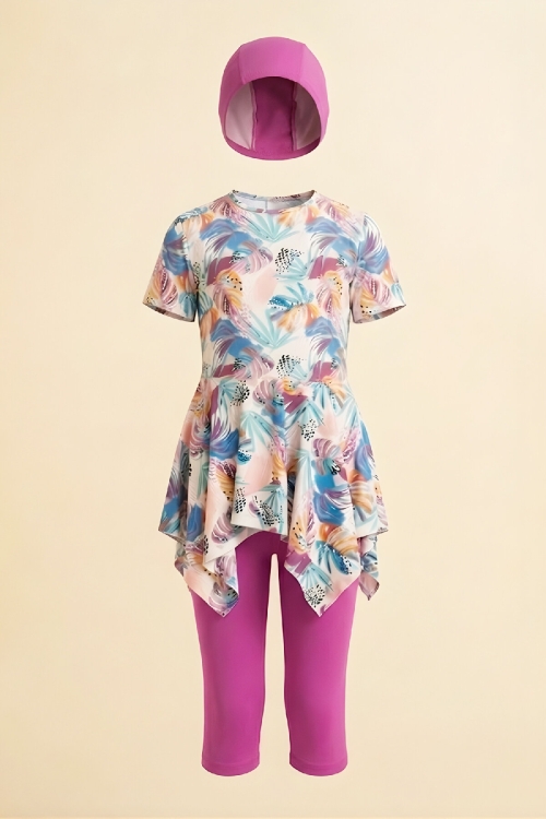 Kız Çocuk Elbise Mayo Takımı (Etek Uçları Asimetrik Üst+Diz Boy Alt ve Bone) 7-12 Yaş 12602B