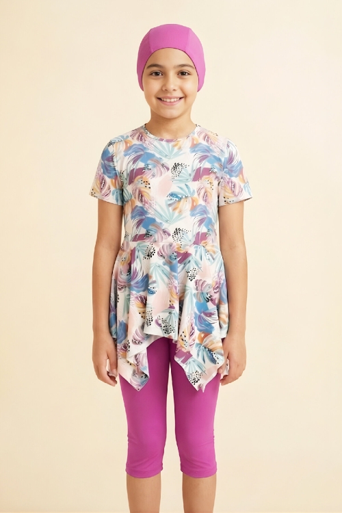 Kız Çocuk Elbise Mayo Takımı (Etek Uçları Asimetrik Üst+Diz Boy Alt ve Bone) 7-12 Yaş 12602B