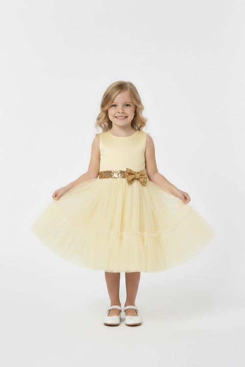 Kız Çocuk Elbise -Saten Tüllü Kumaş-Kuşak ve Fiyonk Detaylı 2-8 Yaş 12517