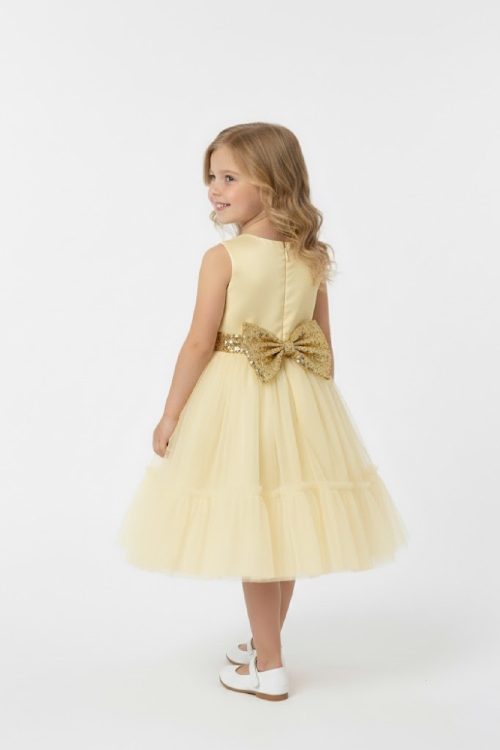 Kız Çocuk Elbise -Saten Tüllü Kumaş-Kuşak ve Fiyonk Detaylı 2-8 Yaş 12517