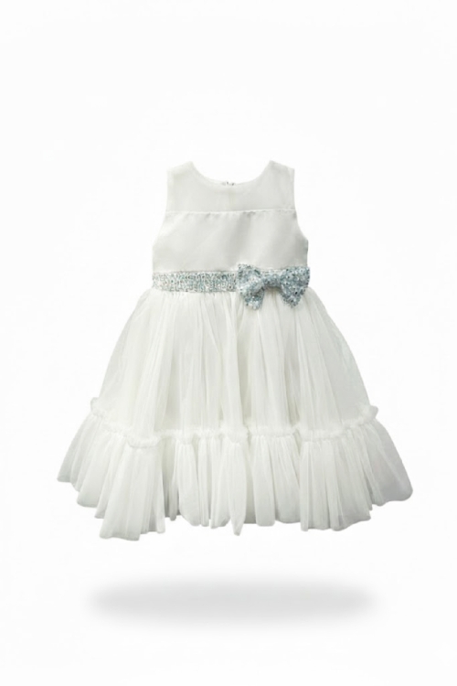 Kız Çocuk Elbise -Saten Tüllü Kumaş-Kuşak ve Fiyonk Detaylı 2-8 Yaş 12517