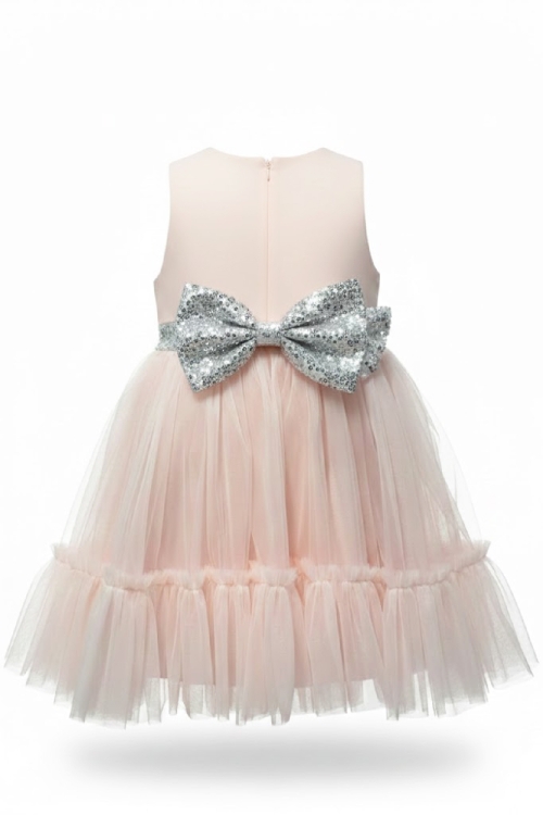 Kız Çocuk Elbise -Saten Tüllü Kumaş-Kuşak ve Fiyonk Detaylı 2-8 Yaş 12517