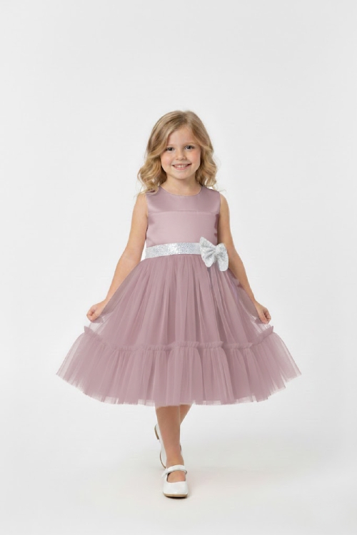 Kız Çocuk Elbise -Saten Tüllü Kumaş-Kuşak ve Fiyonk Detaylı 2-8 Yaş 12517