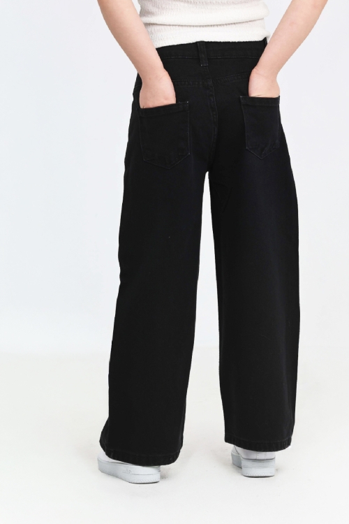 Kız Çocuk Esnek Belli Likralı Geniş Kesim Jean Pantolon 6-14 Yaş 12369