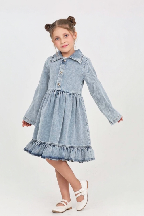 Kız Çocuk Etek Pileli ve Gömlek Yakalı Jean Elbise 12468