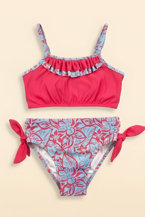 Kız Çocuk Fırfır Detaylı ve Yandan Bağcıklı Mayo Takımı 3-12 Yaş 12598B