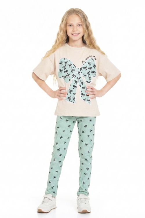 Kız Çocuk Fiyonk Baskılı-Taytlı Alt-Üst Takım 3-10 Yaş 12552