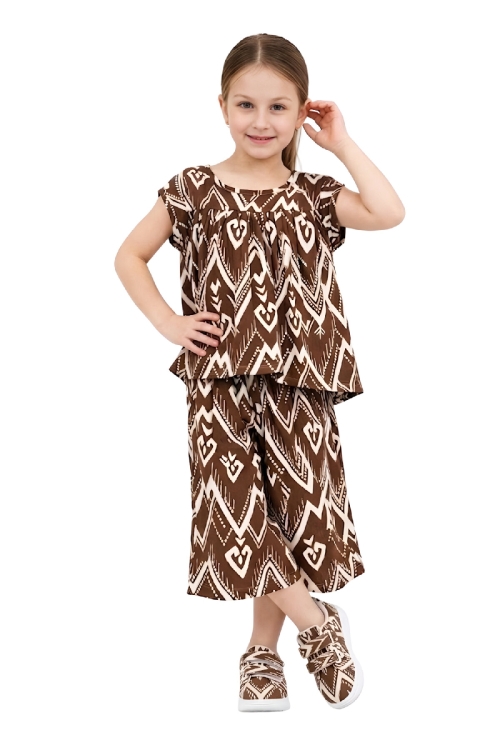 Kız Çocuk Geniş Kaprili ve Desen Detaylı Alt-Üst Takım 2-12 Yaş 12578HC