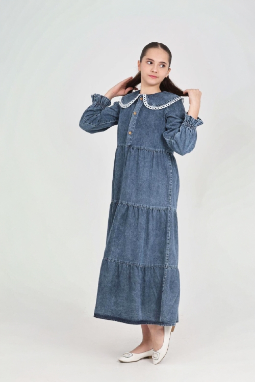 Kız Çocuk Geniş Yakalı ve Yaka Uçları Dantel Detaylı Uzun Jean Elbise 12468