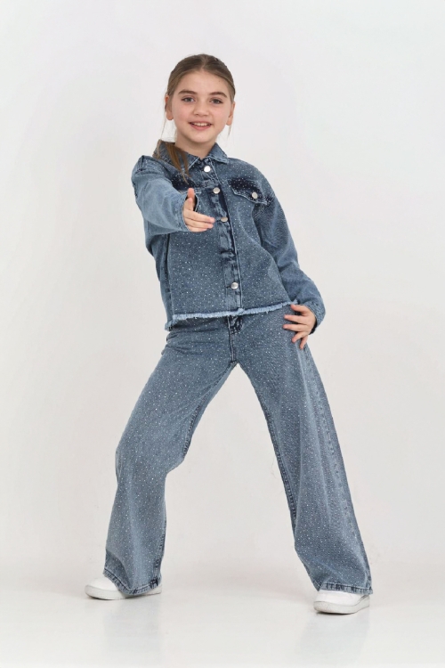 Kız Çocuk Jean Takım-Taş Süslemeli ( Ceket+Pantolon) 12452
