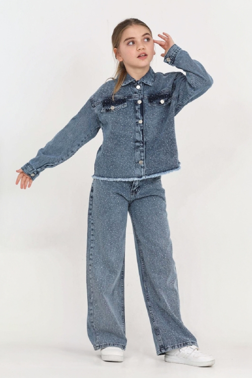 Kız Çocuk Jean Takım-Taş Süslemeli ( Ceket+Pantolon) 12452