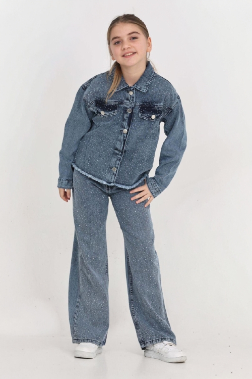 Kız Çocuk Jean Takım-Taş Süslemeli ( Ceket+Pantolon) 12452