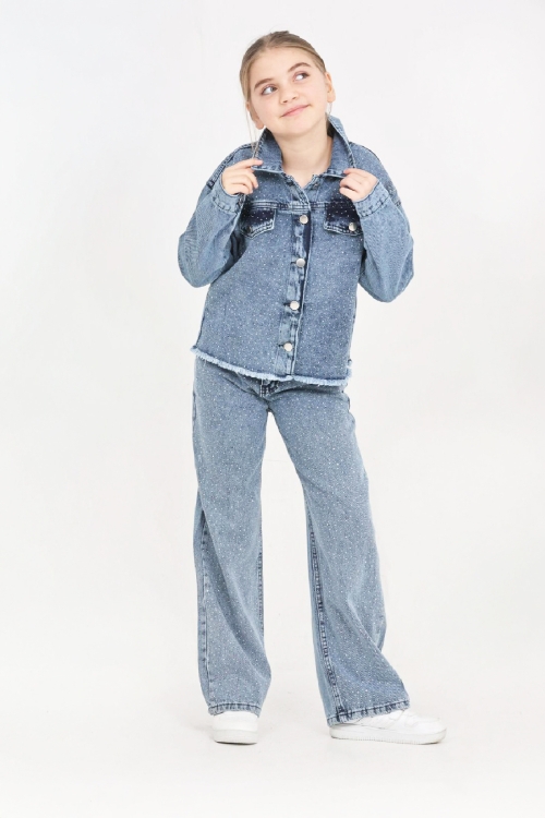 Kız Çocuk Jean Takım-Taş Süslemeli ( Ceket+Pantolon) 12452