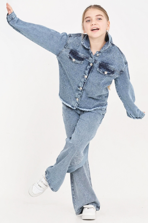 Kız Çocuk Jean Takım-Taş Süslemeli ( Ceket+Pantolon) 12452