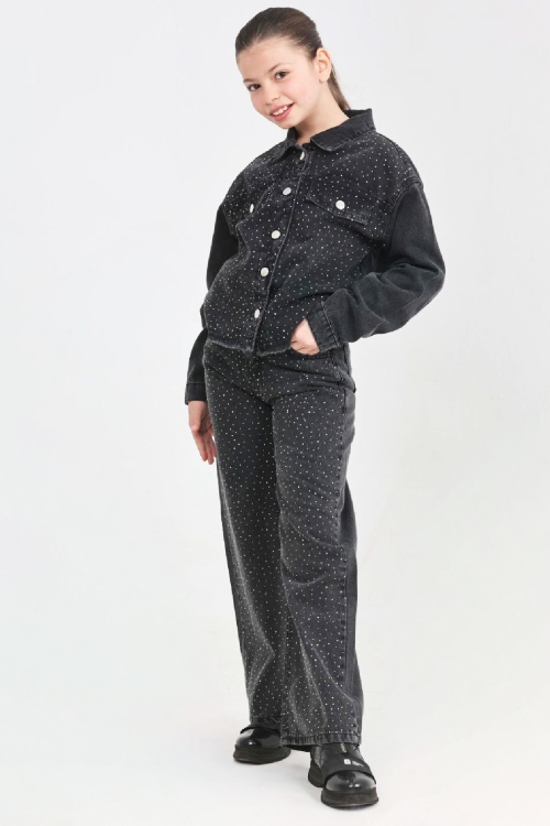 Kız Çocuk Jean Takım-Taş Süslemeli ( Ceket+Pantolon) 12452