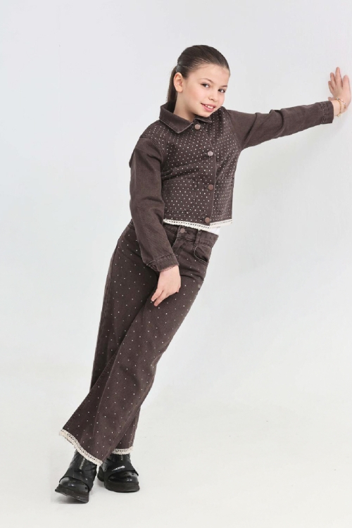 Kız Çocuk Jean Takım-Taş Süslemeli ve Nakış Detaylı 2-12 Yaş 12507