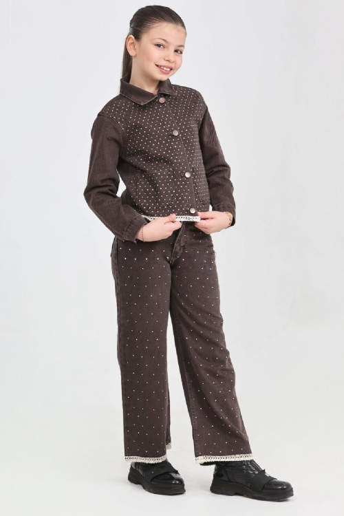 Kız Çocuk Jean Takım-Taş Süslemeli ve Nakış Detaylı 2-12 Yaş 12507