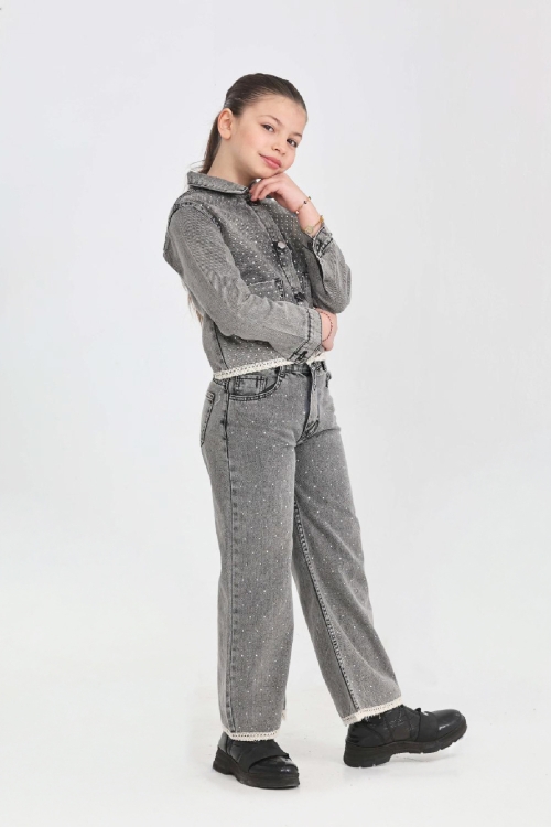 Kız Çocuk Jean Takım-Taş Süslemeli ve Nakış Detaylı 2-12 Yaş 12507