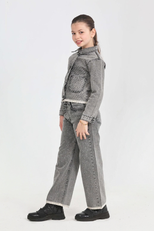Kız Çocuk Jean Takım-Taş Süslemeli ve Nakış Detaylı 2-12 Yaş 12507