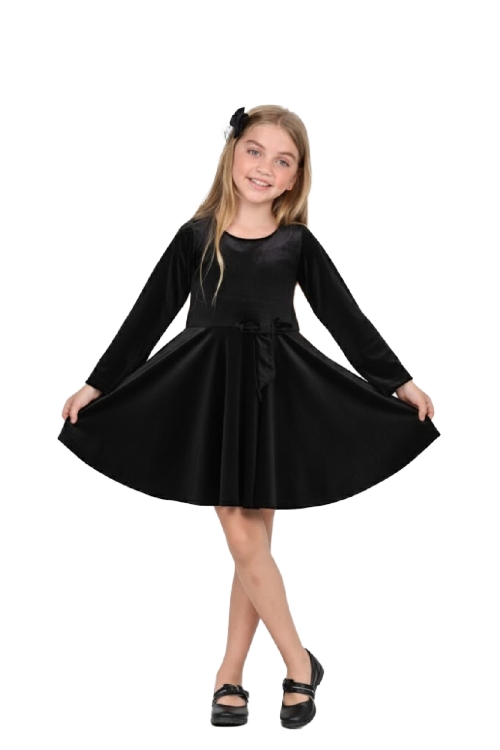 Kız Çocuk Kadife Elbise-İçi Tüllü ve Fiyonk Süslemeli 7-12 Yaş 12427