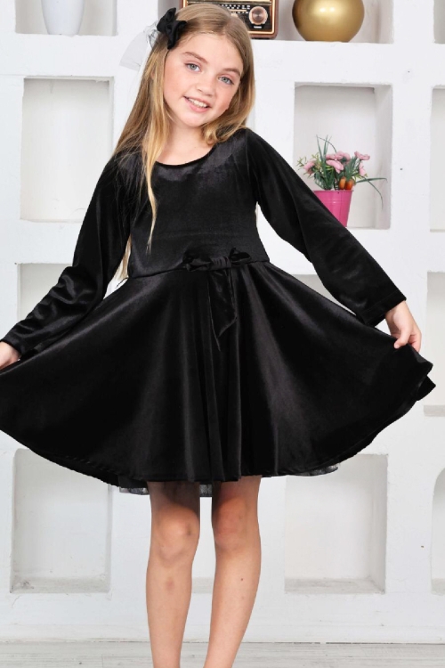 Kız Çocuk Kadife Elbise-İçi Tüllü ve Fiyonk Süslemeli 7-12 Yaş 12427