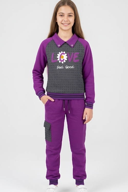 Kız Çocuk Kargo Cepli Gömlek Yakalı ve Yaka Taşlı 3 İplik  Alt Üst Takım 12328