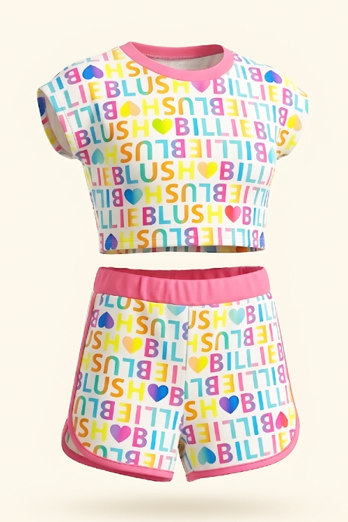 Kız Çocuk Mayo Takımı-Kısa Kollu Yazı Baskılı ve Şortlu 5-14 Yaş 12625B