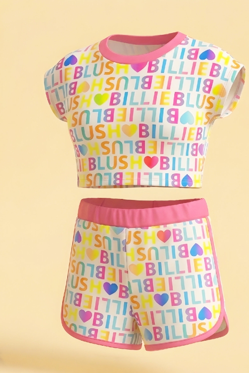 Kız Çocuk Mayo Takımı-Kısa Kollu Yazı Baskılı ve Şortlu 5-14 Yaş 12625B